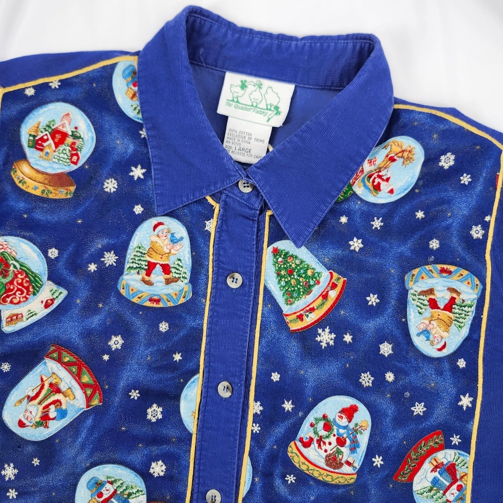 Quacker Factory Womens Snow Globe Corduroy Shirt Size L Purple Christmas Holiday